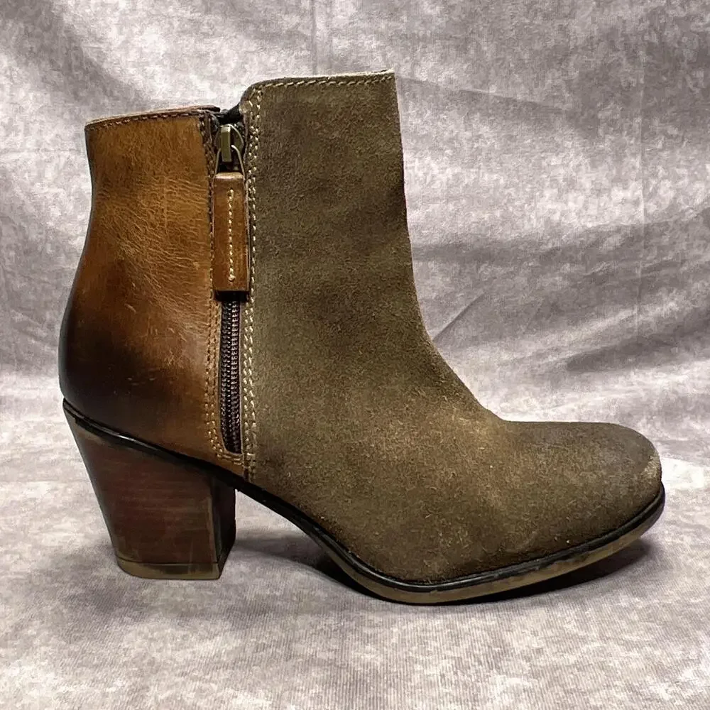 Roan Lina Boots Womens 7.5 Brown Leather Ankle Side Zip Block Heel Casual